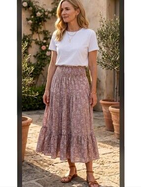 True Craft Mauve Floral Tiered Smocked Midi Skirt